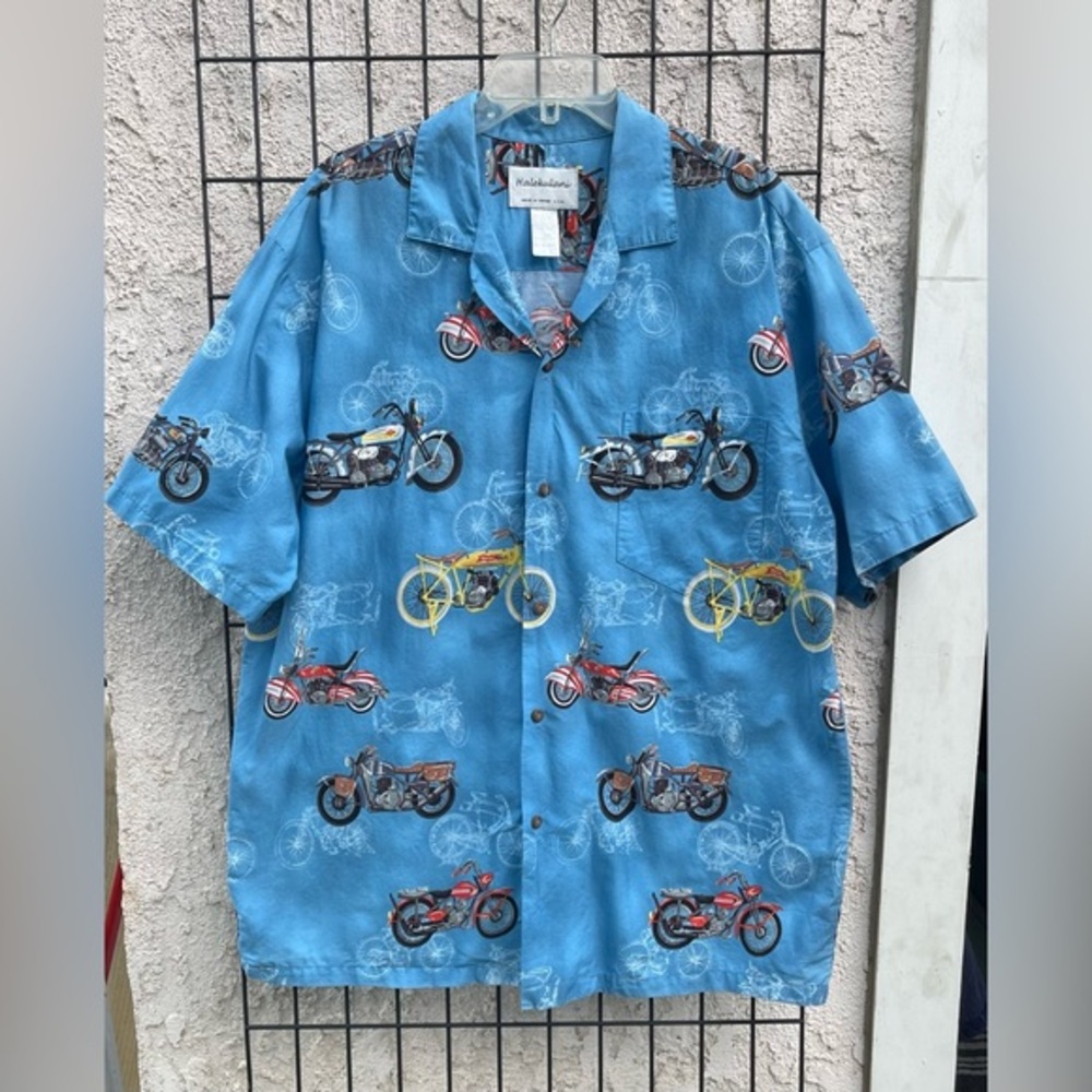 Halekulani Hawaiian shirt motorcycle motif short sleeve button down mens size XL